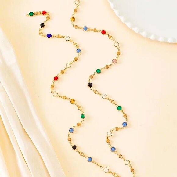 Necklace Y Colorful Rhinestone Gold Boho Hippie Gemstones Adjustable Trendy Glam - Picture 2 of 4